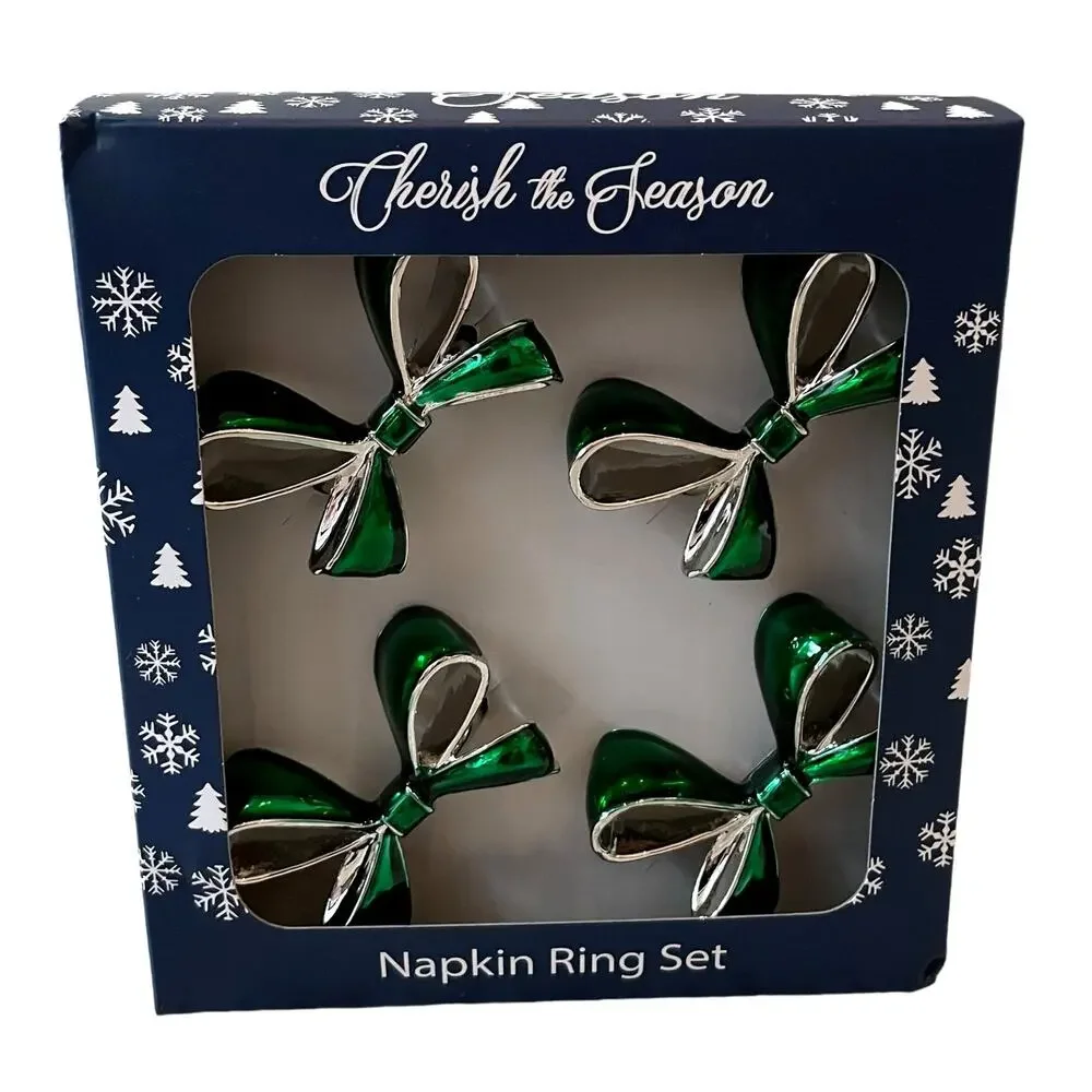 Green Bow Christmas Napkin Rings Set of 4 Silver Holiday Glam Cherish the Season